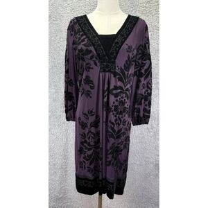 Hale Bob Womens Purple Black Velvet Dress Midi Beaded Floral Large